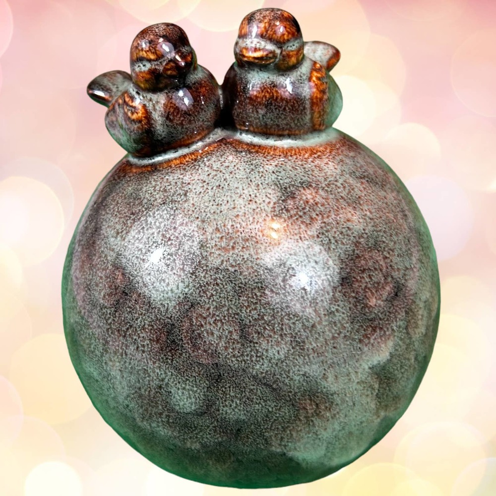 Glazed Ceramic Ball With 2 Birds On Top Lovebirds 4.5 x 4.5 x 5.75